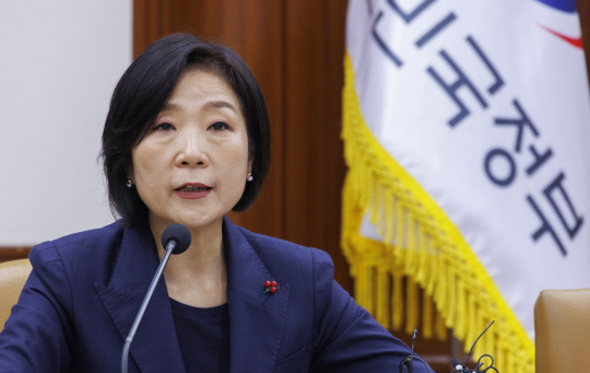 오영주 중소벤처기업부 장관이 29일 오전 서울 종로구 정부서울청사에서 열린 비상 경제 장관회의에 참석해 발언하고 있다. [연합뉴스]